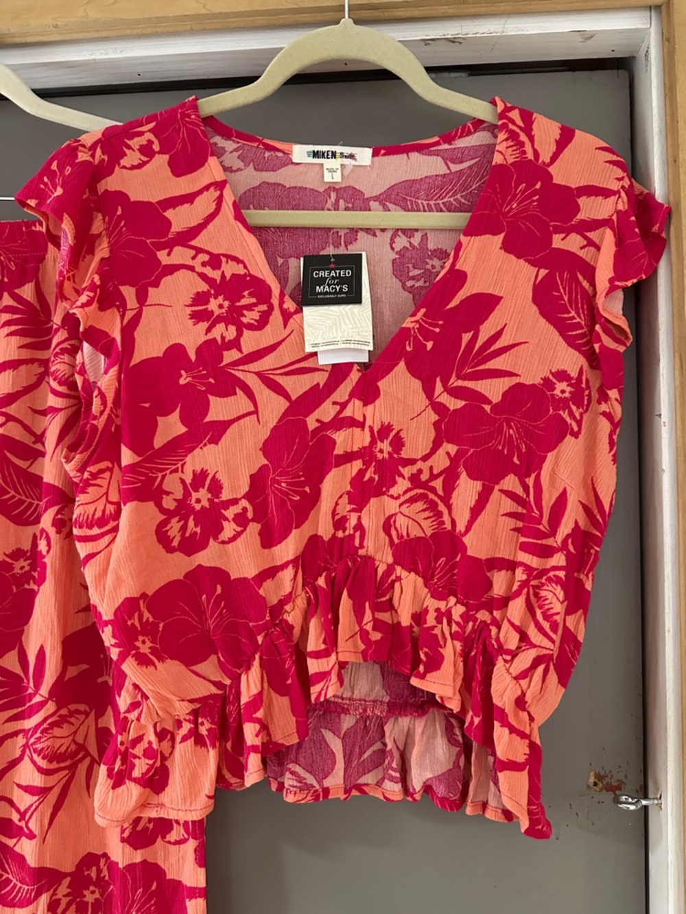 NWT Miken Coral & Fuchsia Floral Matching Set Top & Pants Resort Beach Vacation - Picture 2 of 7
